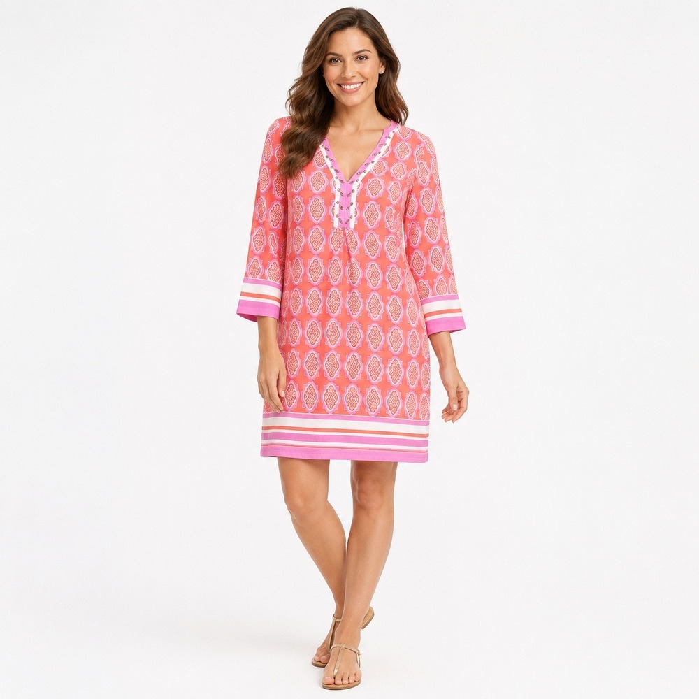 Esqualo Womens Coral Pink Geometric Stretch Knit Dress‎ Jeweled V-Neck Large